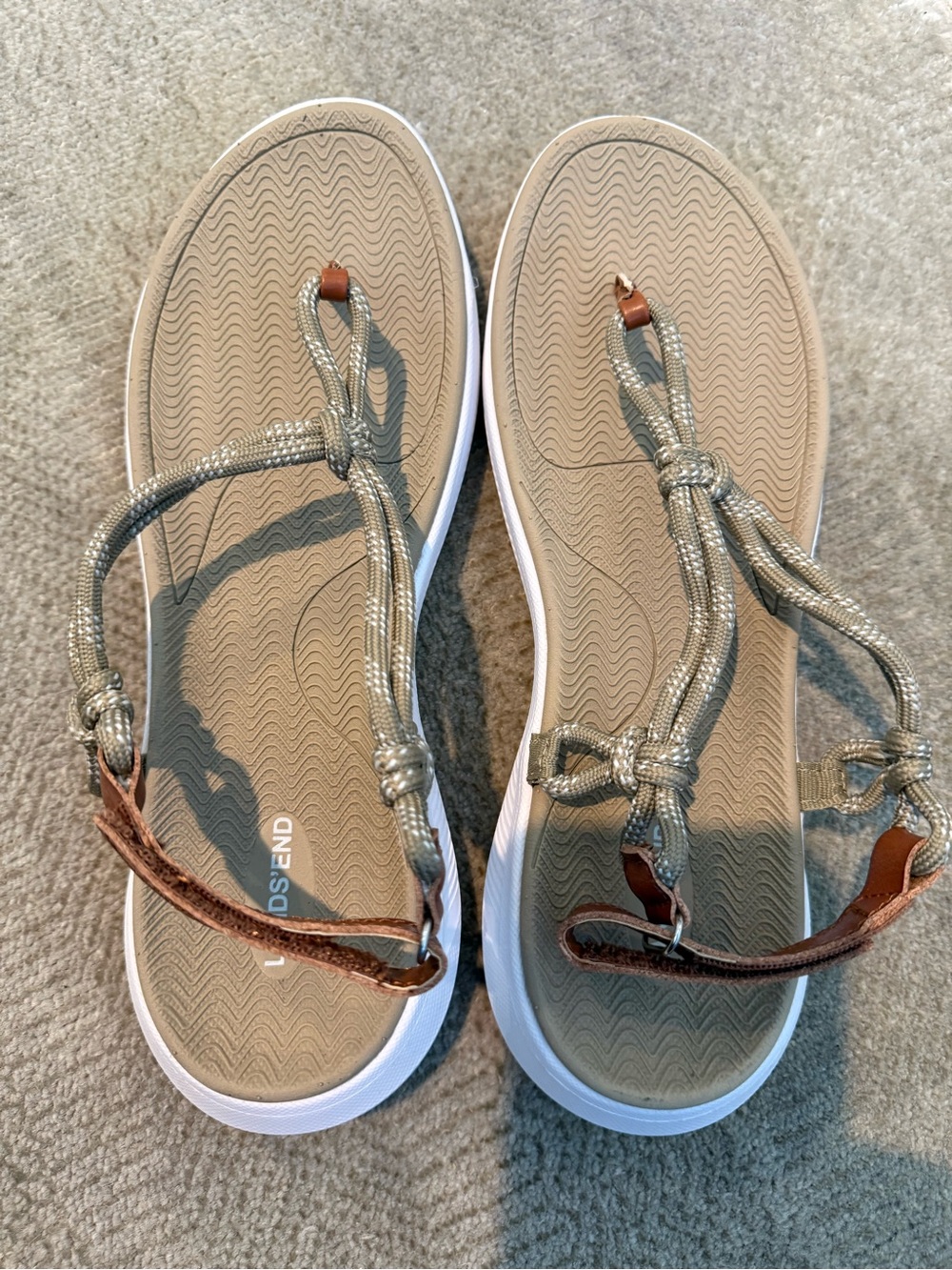 Lands' End Taupe Rope T-Strap Sandals with Brown Accents